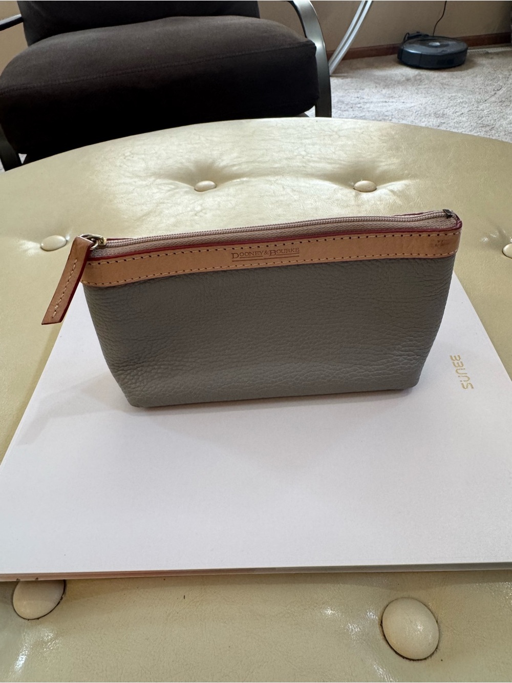 Dooney & Bourke Gray Leather Cosmetic Pouch with Natural Trim